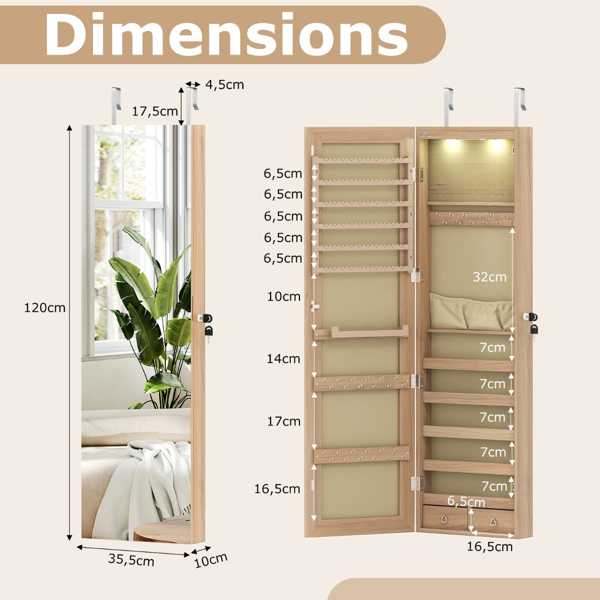 LIVSK Sieradenkast met Spiegel en LED Verlichting - Afsluitbaar - Diverse Haakrails - Zwart Fluwelen Interieur - Beige