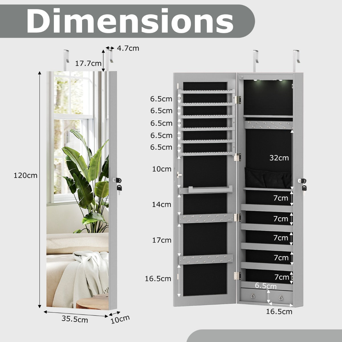 LIVSK Sieradenkast met LED-verlichting - Spiegelsysteem - Zwart fluweel - Eenvoudig te monteren - 120 x 35,5 x 10 cm - Grijs