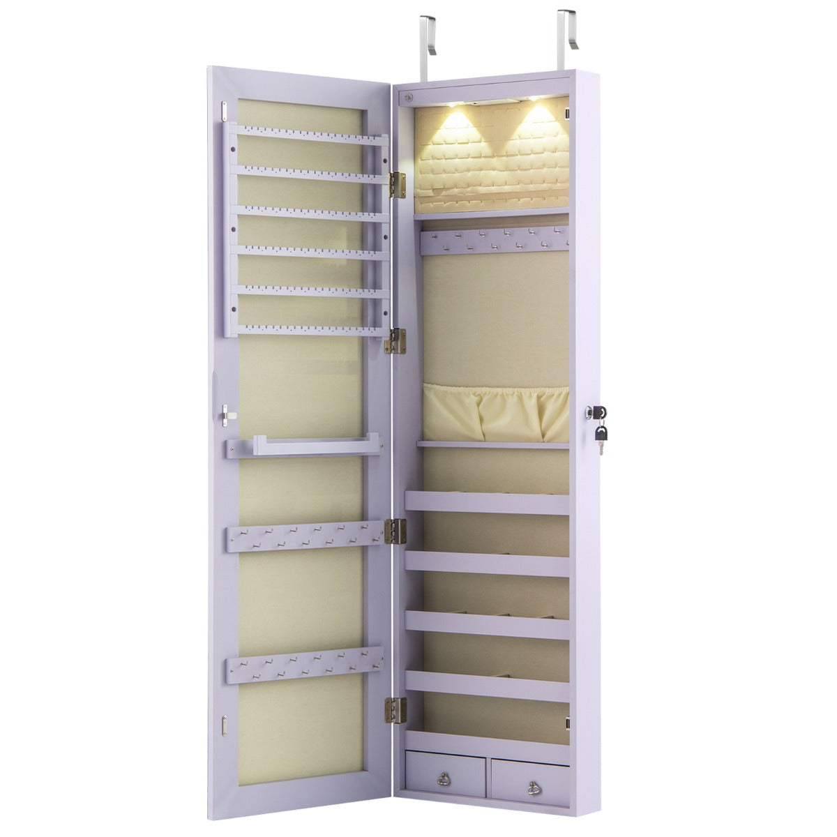 LIVSK Sieradenkast met Verlichting - Afsluitbare Spiegelkast - Zwart Fluweel - Optimale Opbergruimte - 120 x 35,5 x 10 cm - Paars