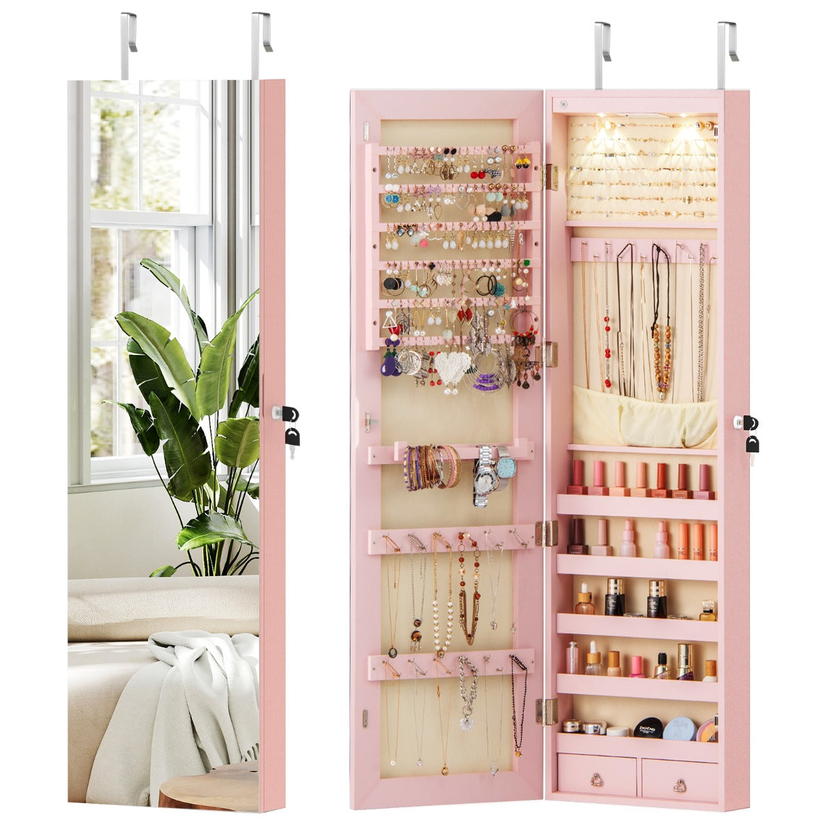 LIVSK Sieradenkast met Spiegel en LED Verlichting - Afsluitbaar - Zwart Fluweel - Inclusief Make-upbord - 120 x 35,5 x 10 cm -