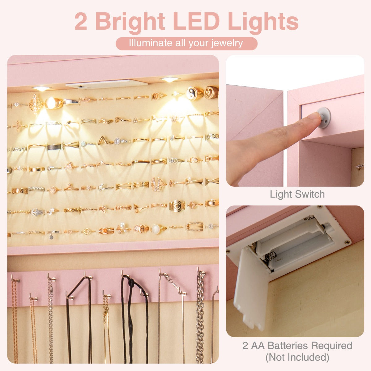 LIVSK Sieradenkast met Spiegel en LED Verlichting - Afsluitbaar - Zwart Fluweel - Inclusief Make-upbord - 120 x 35,5 x 10 cm -