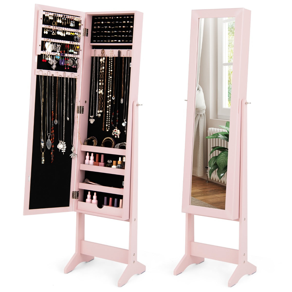 LIVSK Juwelenkast met Spiegel - 64 Oorbelgaten - 72 Ringgaten - 20 Kettinghaken - Duurzaam MDF - 35 x 30 x 144 cm - Zwart/Roze