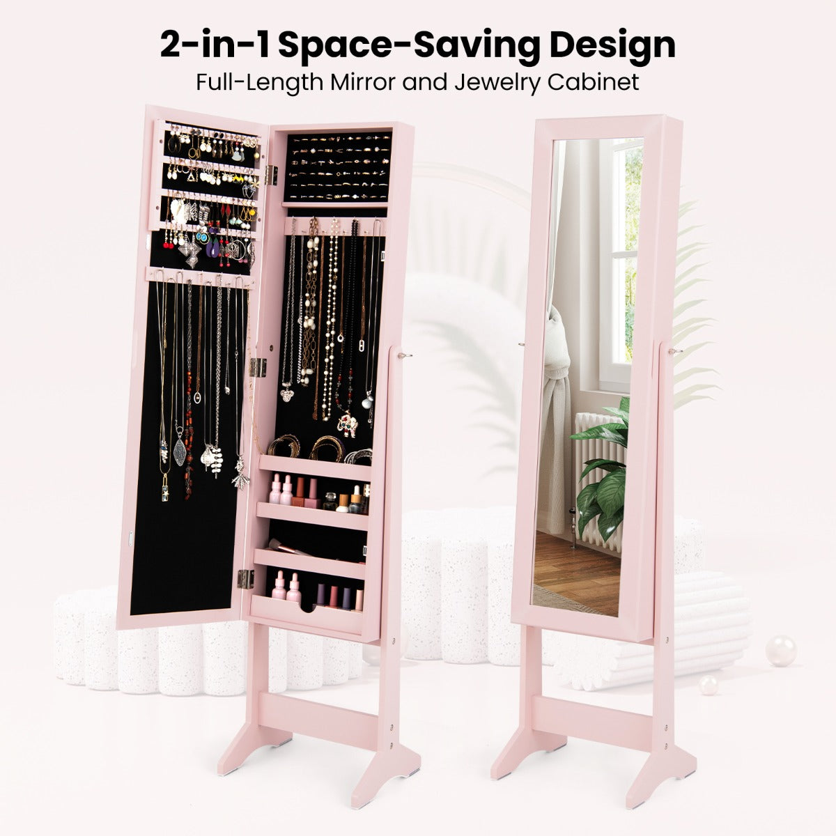 LIVSK Juwelenkast met Spiegel - 64 Oorbelgaten - 72 Ringgaten - 20 Kettinghaken - Duurzaam MDF - 35 x 30 x 144 cm - Zwart/Roze