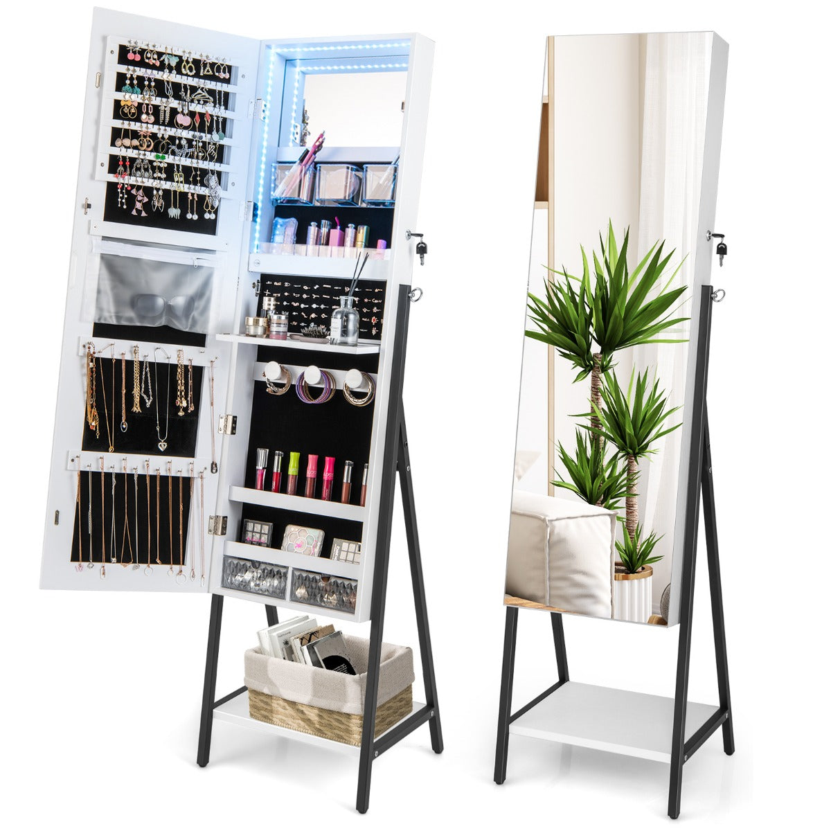 LIVSK Sieradenkast - Afsluitbaar met Grote Opbergruimte - LED-verlichting - Spiegel - Stevig MDF - 41,5 x 37 x 157 cm - Wit