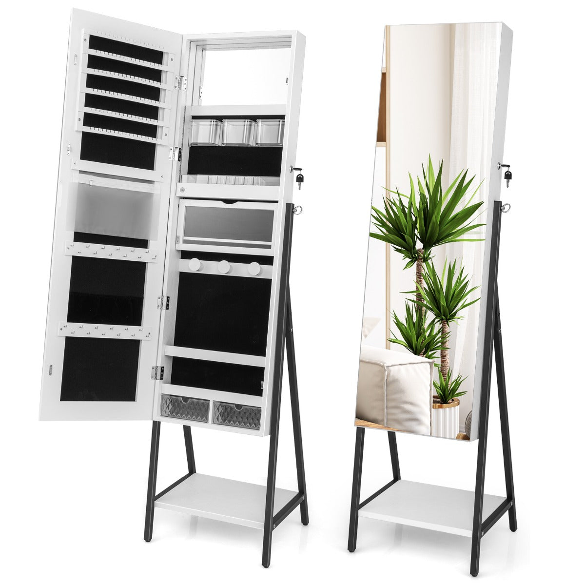 LIVSK Sieradenkast - Afsluitbaar met Grote Opbergruimte - LED-verlichting - Spiegel - Stevig MDF - 41,5 x 37 x 157 cm - Wit