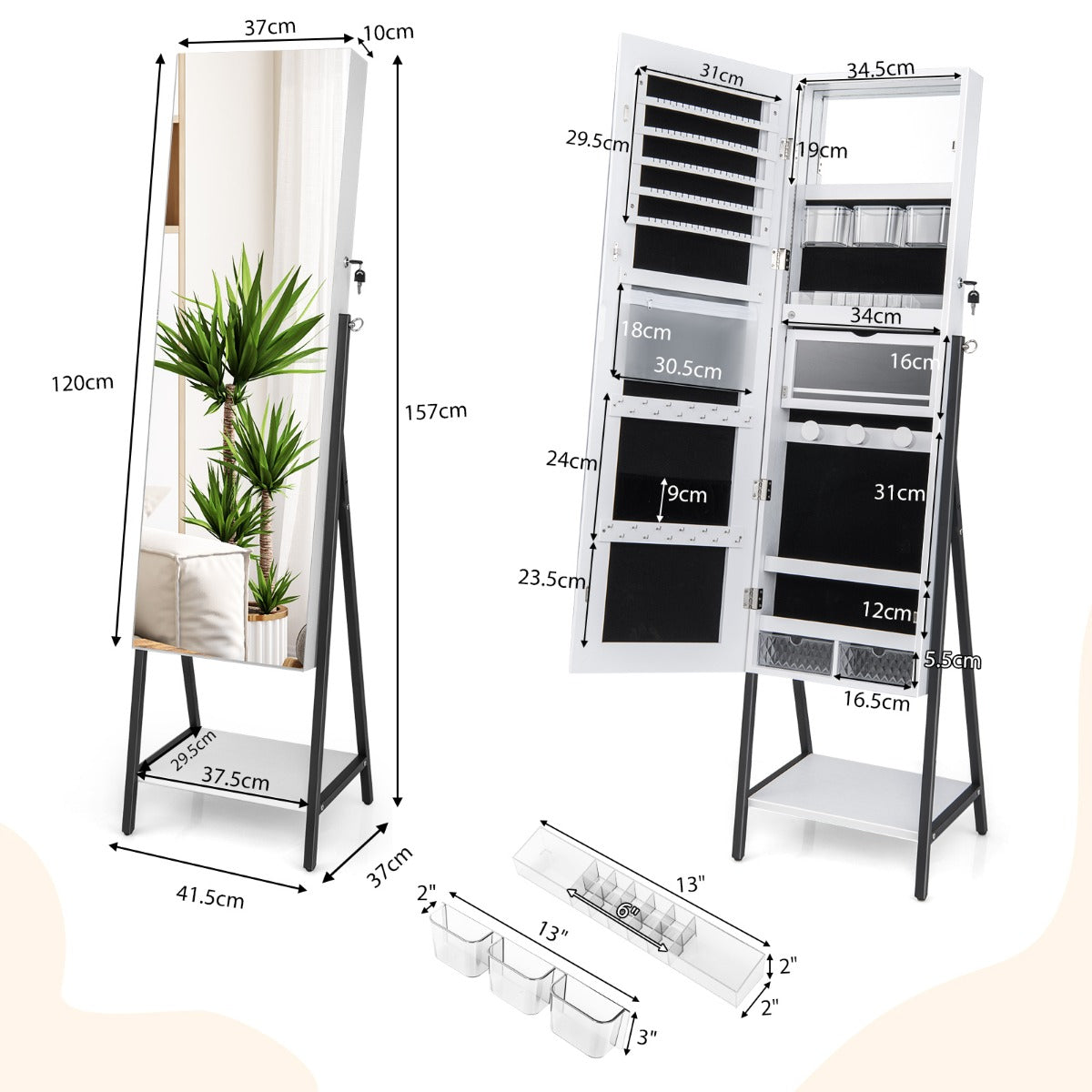 LIVSK Sieradenkast - Afsluitbaar met Grote Opbergruimte - LED-verlichting - Spiegel - Stevig MDF - 41,5 x 37 x 157 cm - Wit