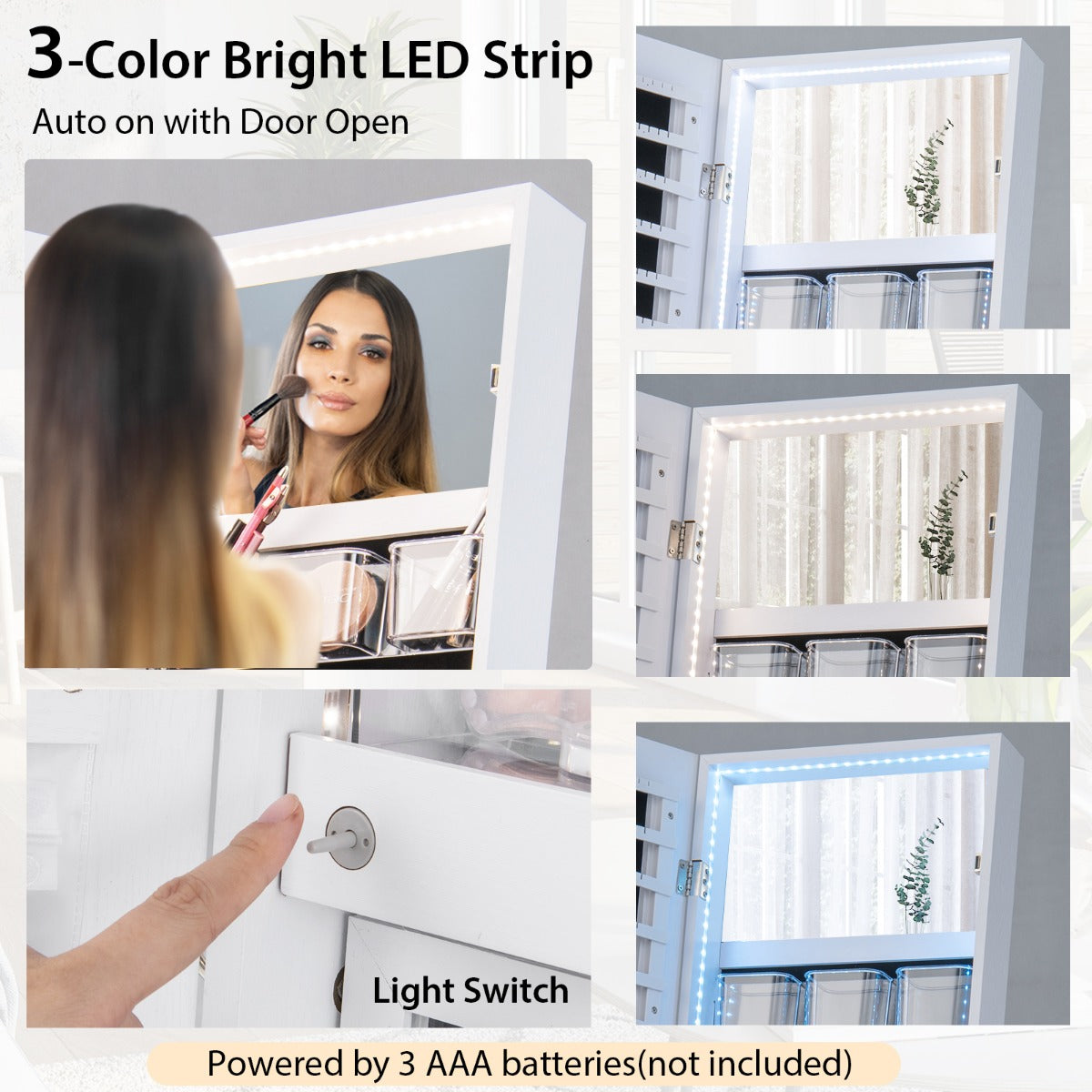 LIVSK Sieradenkast - Afsluitbaar met Grote Opbergruimte - LED-verlichting - Spiegel - Stevig MDF - 41,5 x 37 x 157 cm - Wit