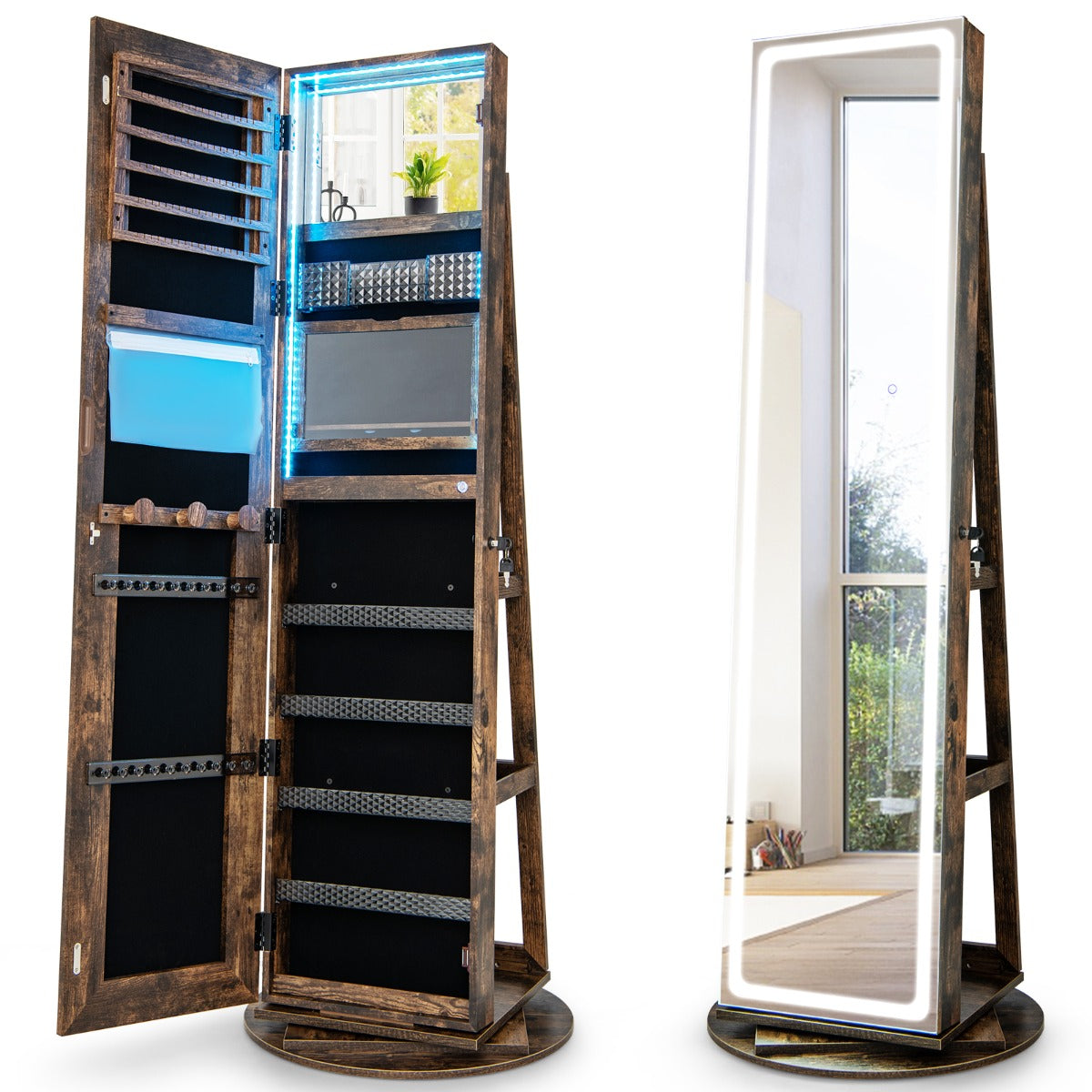LIVSK Sieradenkast met Ledverlichting - 4-in-1 Design met Spiegel en Make-uptafel - Ruime Opbergruimte - Koffie