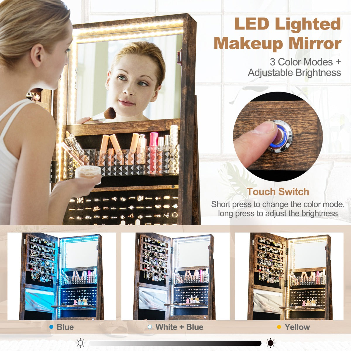 LIVSK Sieradenkast met Ledverlichting - 4-in-1 Design met Spiegel en Make-uptafel - Ruime Opbergruimte - Koffie