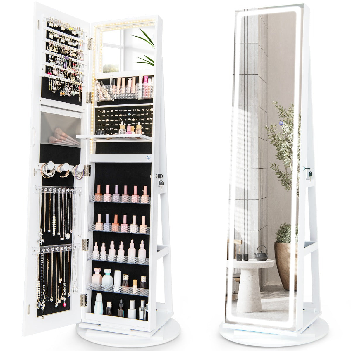 LIVSK Sieradenkast met Spiegel - 4-in-1 Design - Verstelbare Ledverlichting - Inklapbaar Make-uprek - 54,5 x 54,5 x 160 cm - Wit