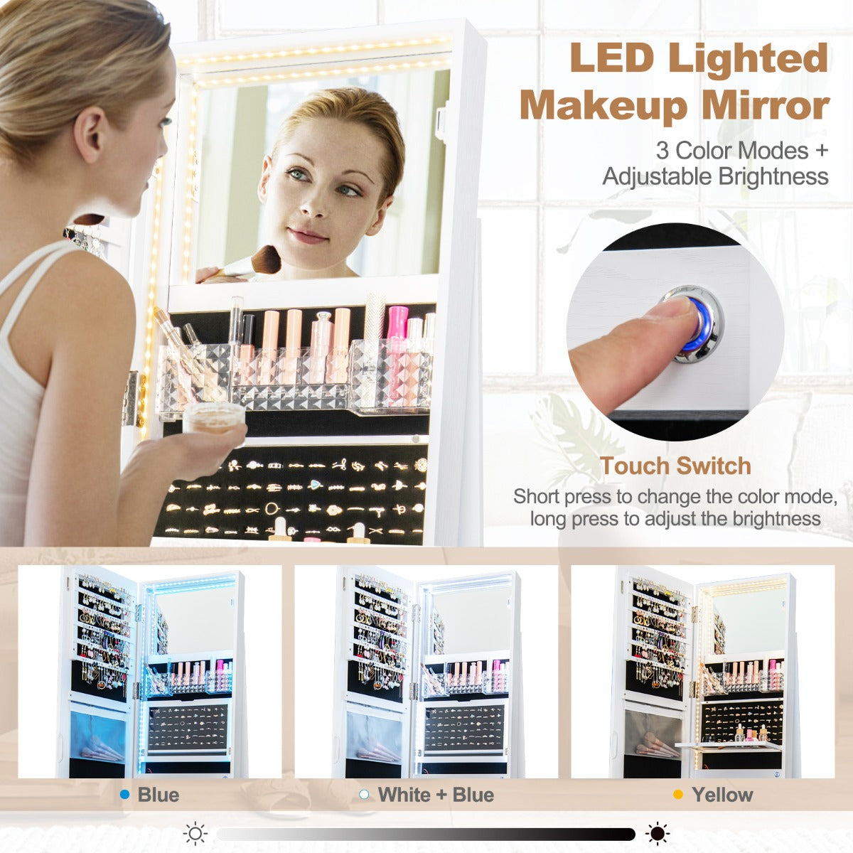 LIVSK Sieradenkast met Spiegel - 4-in-1 Design - Verstelbare Ledverlichting - Inklapbaar Make-uprek - 54,5 x 54,5 x 160 cm - Wit