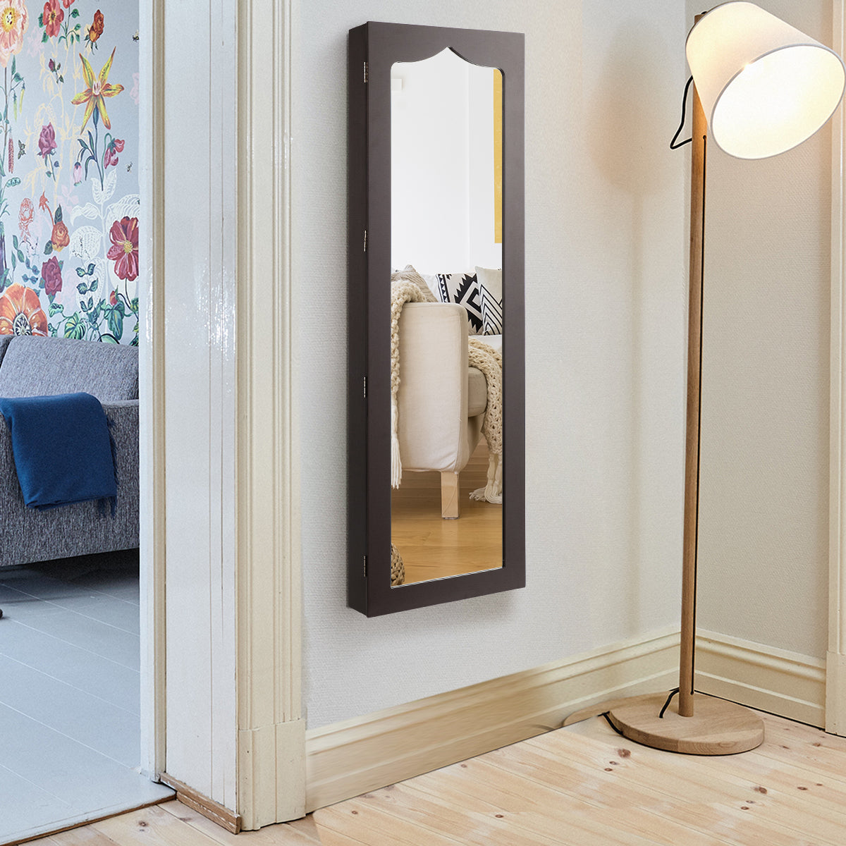 LIVSK Sieradenkast met Spiegel 36,5 x 11,5 x 120 cm - MDF - Ruime Opbergruimte - LED-verlichting - Hangend of Muurmontage - Bruin