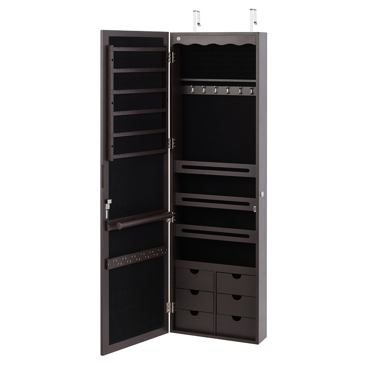 LIVSK Sieradenkast met Spiegel 36,5 x 11,5 x 120 cm - MDF - Ruime Opbergruimte - LED-verlichting - Hangend of Muurmontage - Bruin