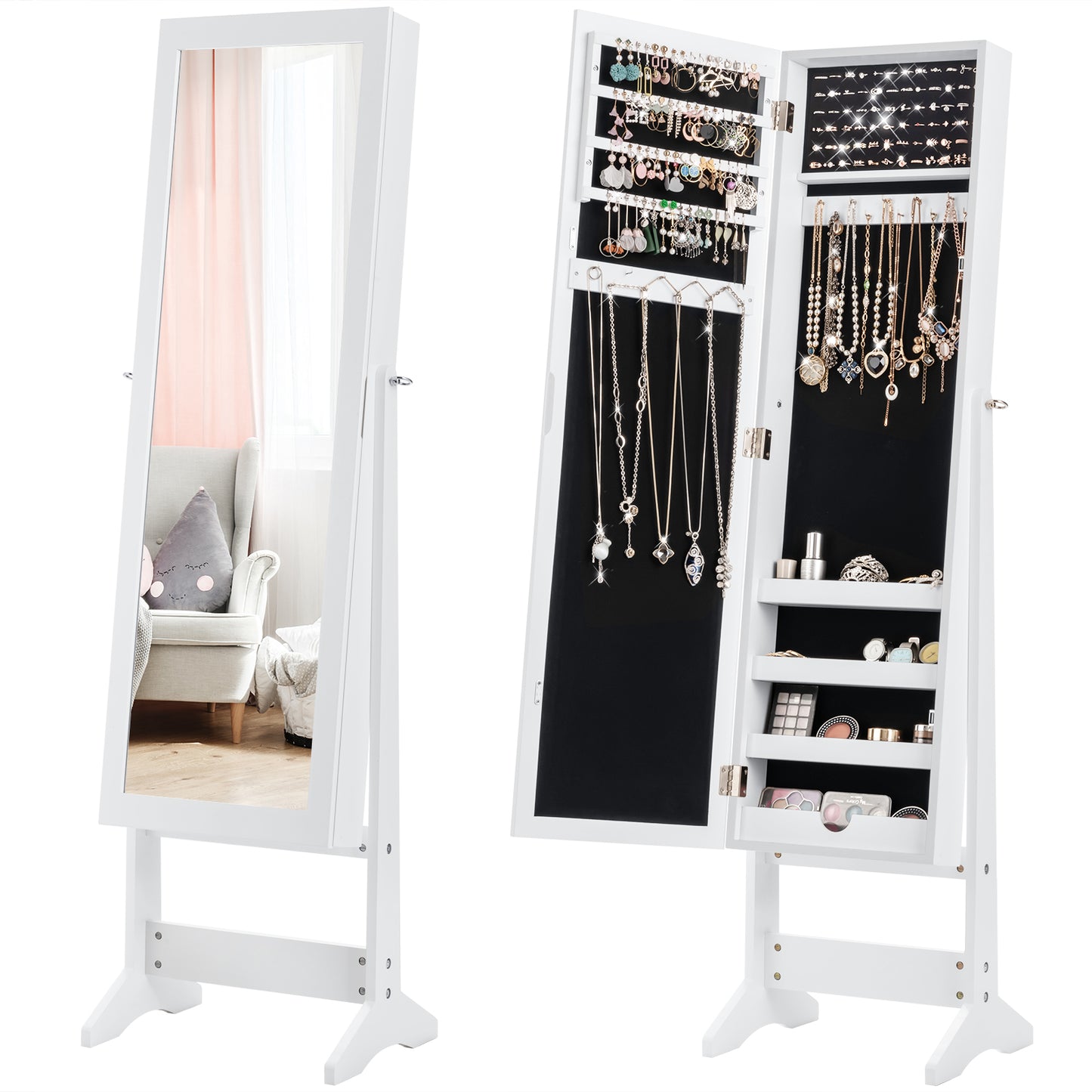 LIVSK 2-in-1 Sieradenkast met Kantelbare Spiegel - Veelzijdige Opbergruimte - Hoogwaardig MDF - 35 x 30 x 144 cm - Wit