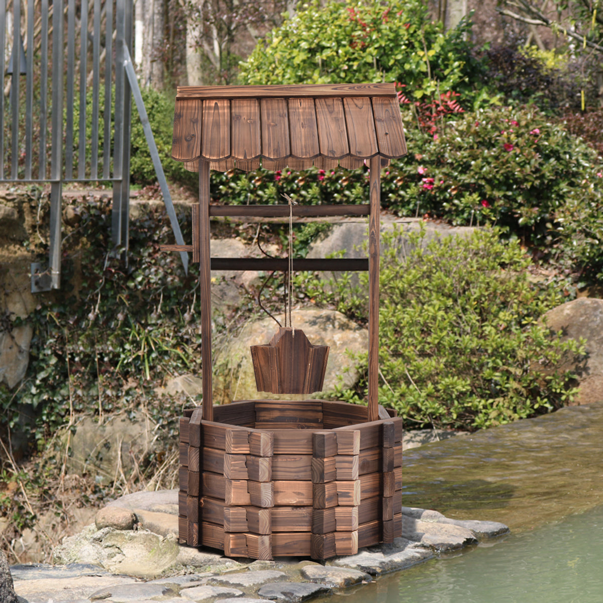 LIVSK Houten Wensput Bloembak - Hoogwaardig Sparrenhout - Ruime Waterput 56 cm - Eenvoudige Montage - Bruin