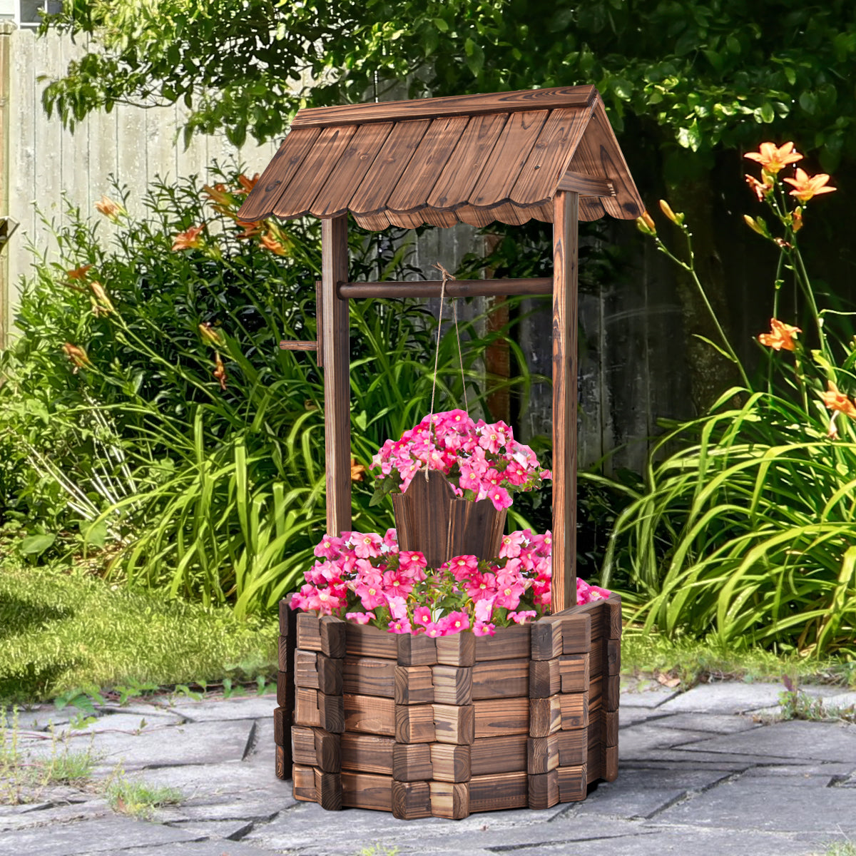 LIVSK Houten Wensput Bloembak - Hoogwaardig Sparrenhout - Ruime Waterput 56 cm - Eenvoudige Montage - Bruin