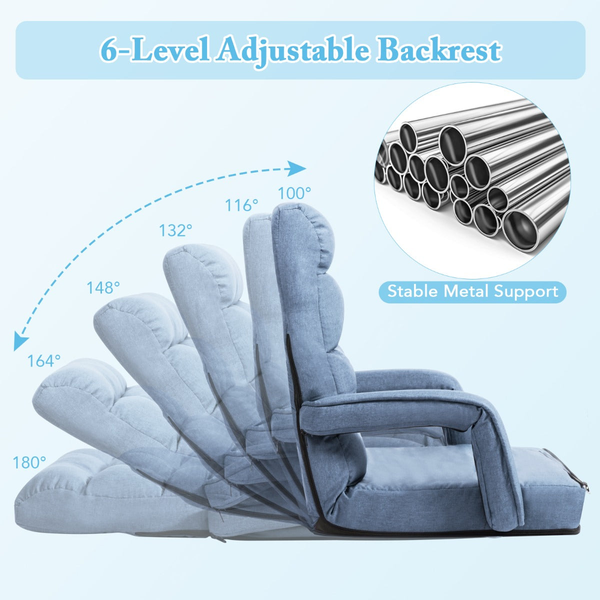 LIVSK Verstelbare Vouwbare Loungebank - 5 Rugleuninghoeken - Afneembare Hoes - Comfortabel met Kussen - Tot 150 kg - Blauw/Rood