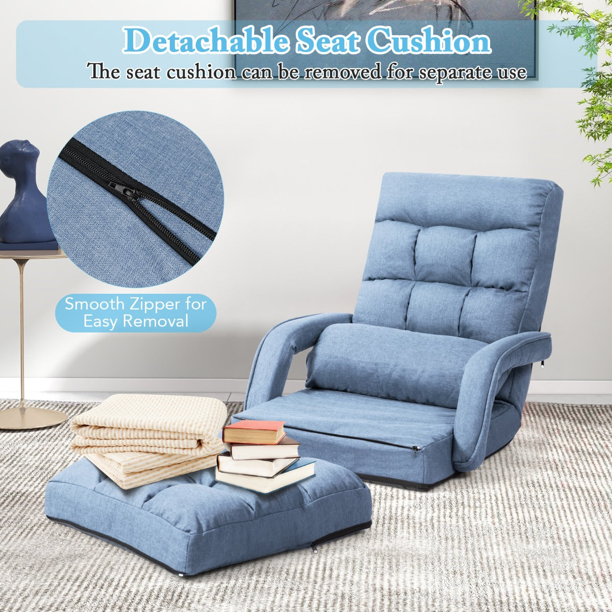 LIVSK Verstelbare Vouwbare Loungebank - 5 Rugleuninghoeken - Afneembare Hoes - Comfortabel met Kussen - Tot 150 kg - Blauw/Rood
