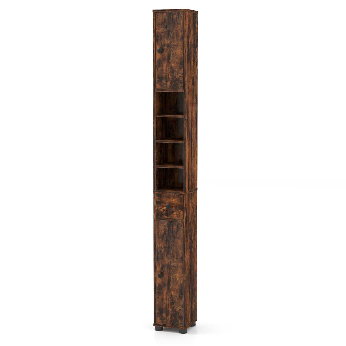 Livsk costway slanke badkamerkast met twee deuren een lade en verstelbare planken bruin 1 1
