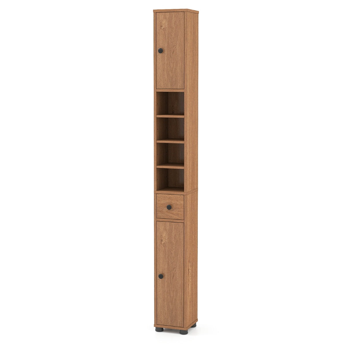 Livsk costway slanke badkamerkast met twee deuren een lade en verstelbare planken naturel 1 1