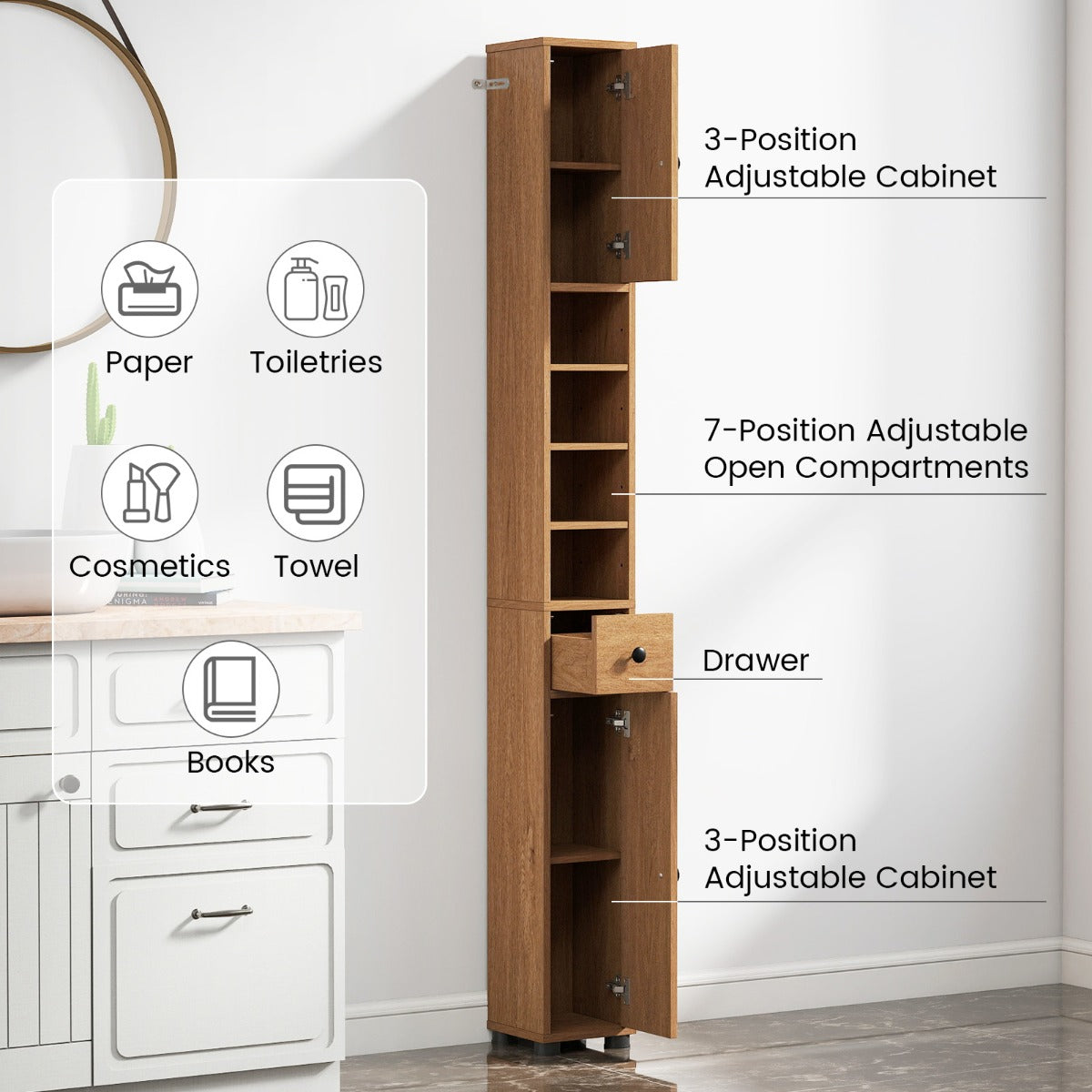 Livsk costway slanke badkamerkast met twee deuren een lade en verstelbare planken naturel 3