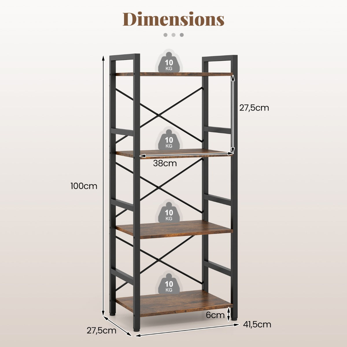 Livsk costway slanke boekenkast vrijstaand meubel met vier niveaus en stevig metalen frame open planken met antislipontwerp bruin