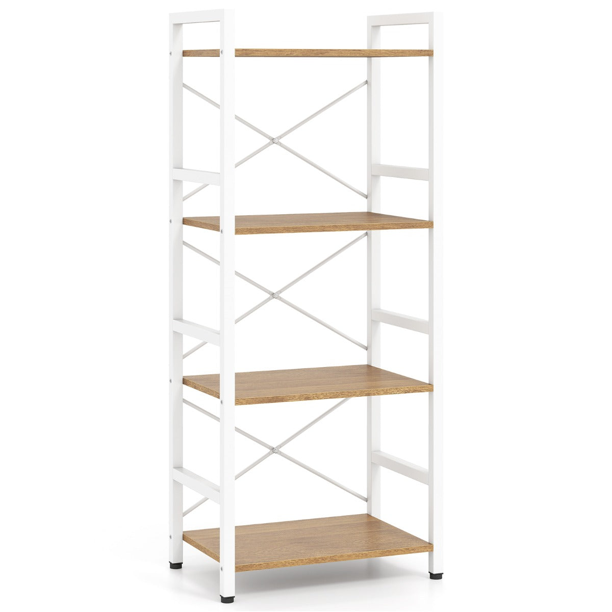 Livsk costway slanke boekenkast vrijstaand meubel met vier niveaus en stevig metalen frame open planken met antislipontwerp wit en naturel 1