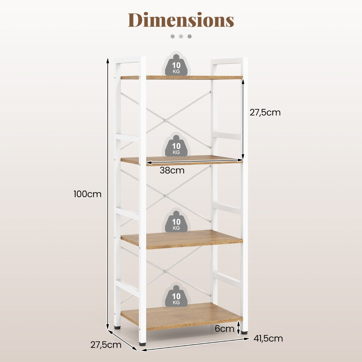 Livsk costway slanke boekenkast vrijstaand meubel met vier niveaus en stevig metalen frame open planken met antislipontwerp wit en naturel