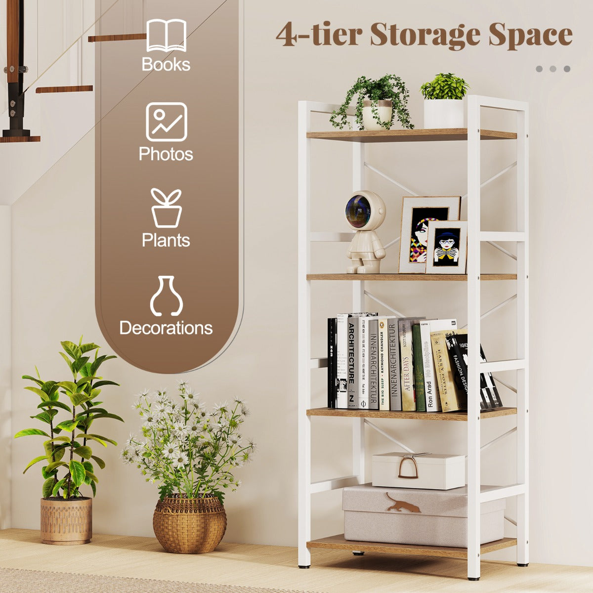 Livsk costway slanke boekenkast vrijstaand meubel met vier niveaus en stevig metalen frame open planken met antislipontwerp wit en naturel