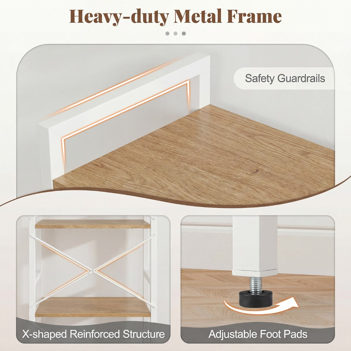 Livsk costway slanke boekenkast vrijstaand meubel met vier niveaus en stevig metalen frame open planken met antislipontwerp wit en naturel
