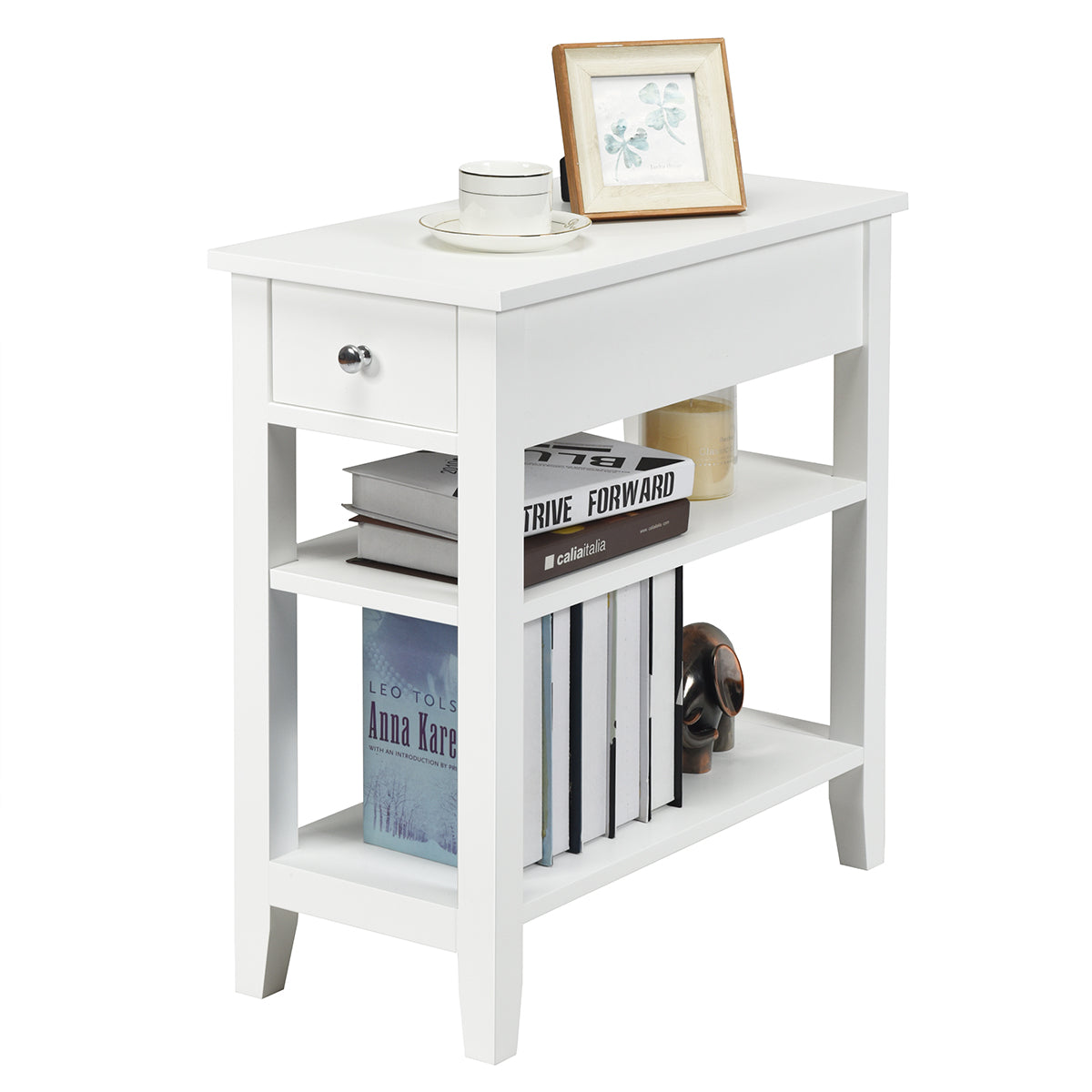 LIVSK Houten Bijzettafel met Lade en Open Opbergrekken - Ruimtebesparend en Multifunctioneel - Stevig MDF - 60 x 28,5 x 61 cm -