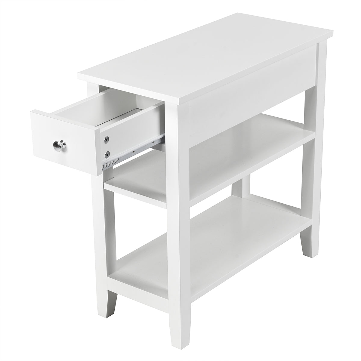 LIVSK Houten Bijzettafel met Lade en Open Opbergrekken - Ruimtebesparend en Multifunctioneel - Stevig MDF - 60 x 28,5 x 61 cm -
