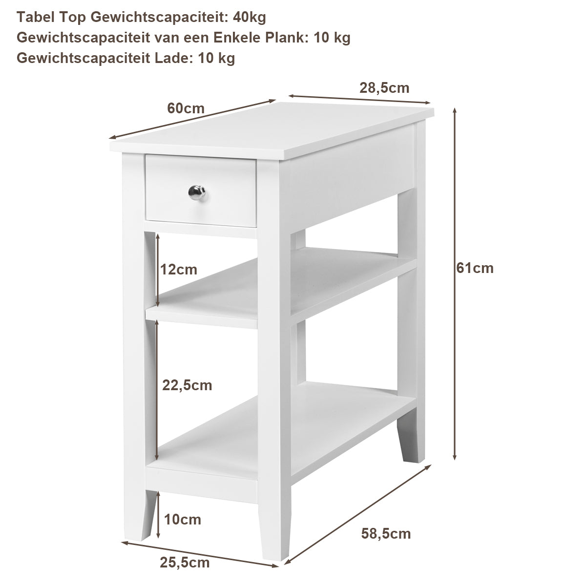 LIVSK Houten Bijzettafel met Lade en Open Opbergrekken - Ruimtebesparend en Multifunctioneel - Stevig MDF - 60 x 28,5 x 61 cm -