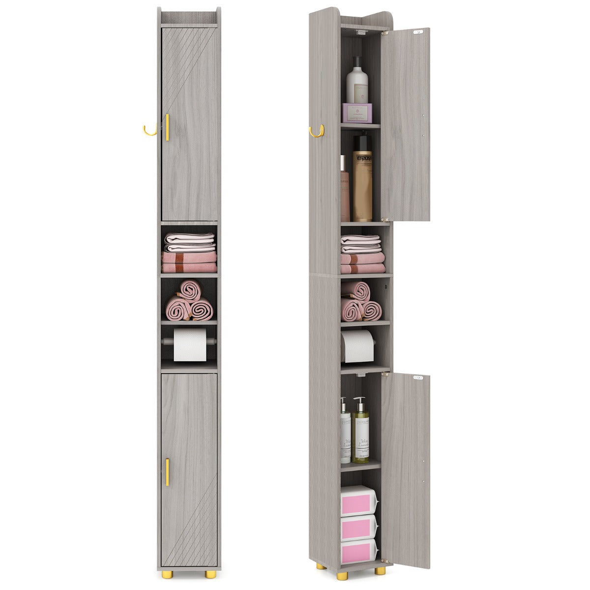 LIVSK Hoge Badkamerkast met Toiletpapierhouder - Verstelbare Planken - Ruimtebesparend Design - 20 x 20 x 179 cm - Grijs