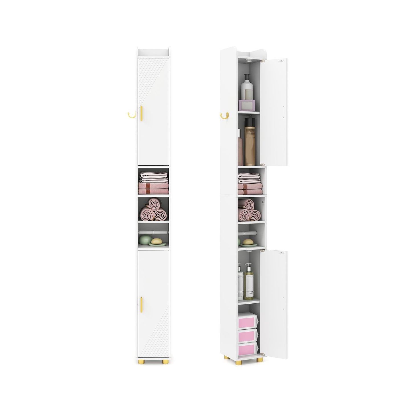 LIVSK Hoge Badkamerkast - Ruimtebesparend met Verstelbare Planken - Toiletpapierhouder - Slank Design - 20 x 20 x 179 cm - Wit
