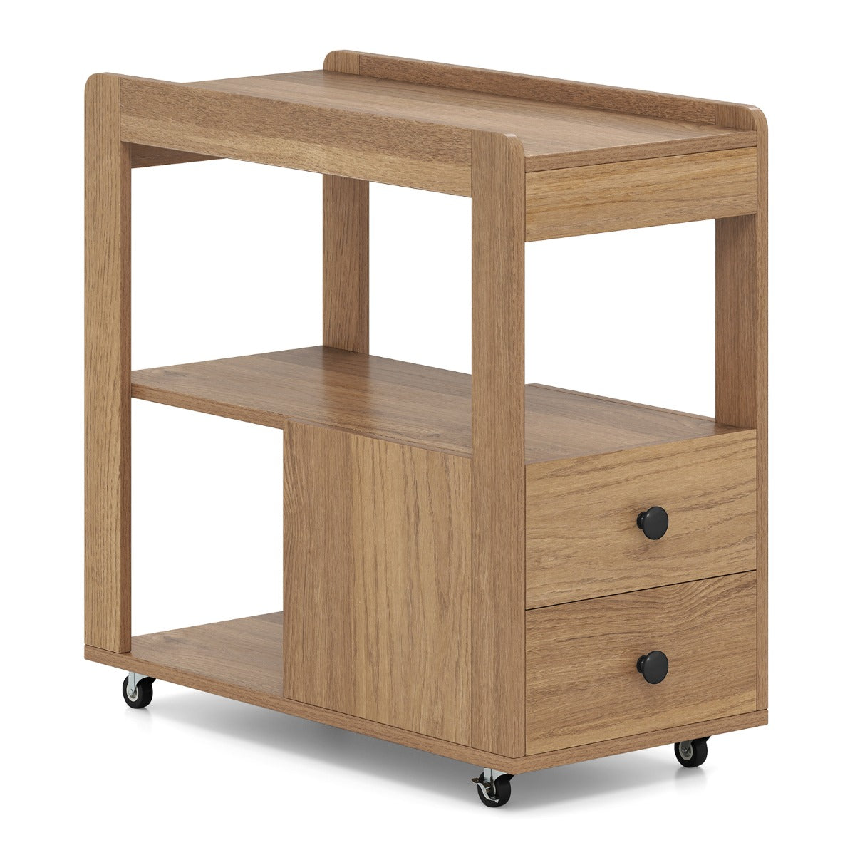 LIVSK Bijzettafel op Wielen - 3 Niveaus, 2 Lades, Vergrendelbaar - Duurzaam en Stijlvol - 65 x 30 x 63 cm - Naturel/Wit