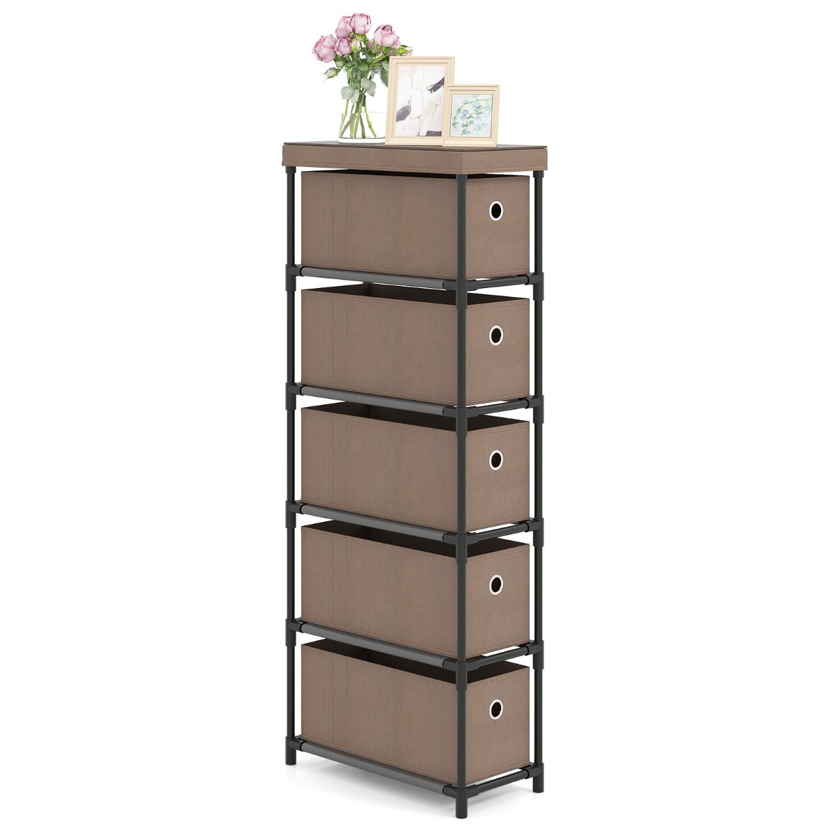 LIVSK Ladekast met 5 Opvouwbare Lades - Stevig Metalen Frame - Kantelbescherming - Ideaal voor Kleine Ruimtes - Bruin