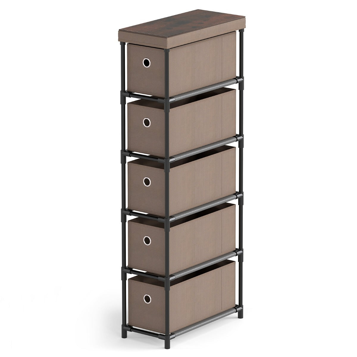 LIVSK Ladekast met 5 Opvouwbare Lades - Stevig Metalen Frame - Kantelbescherming - Ideaal voor Kleine Ruimtes - Bruin