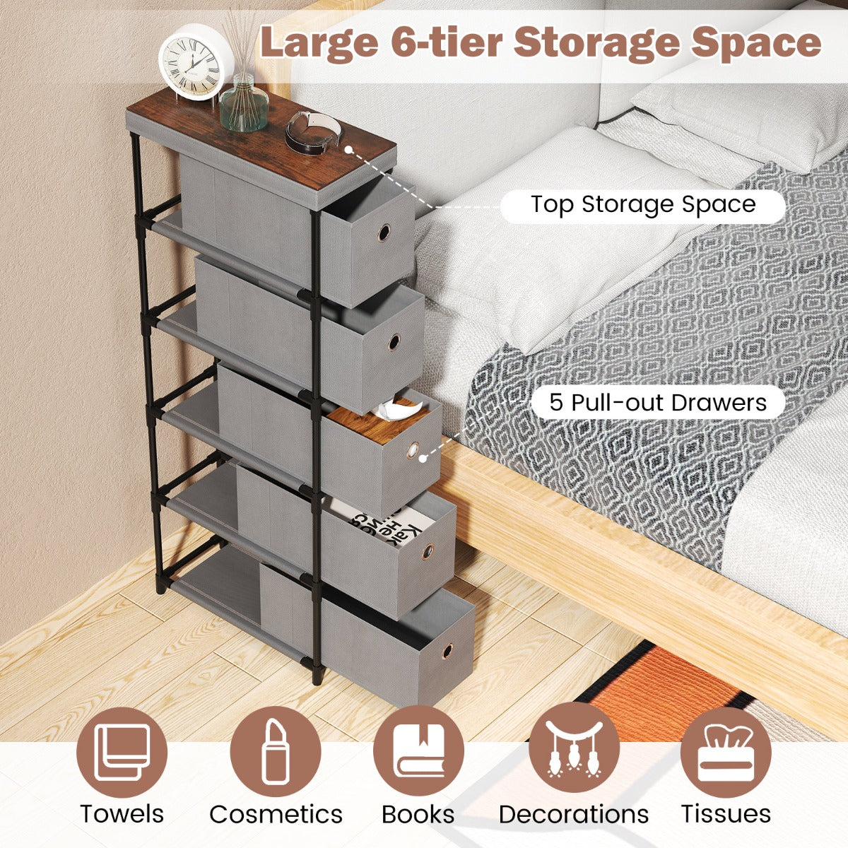 LIVSK Smalle Kledingorganizer - 5 Opvouwbare Lades - Stabiele Metalen Constructie - Ideaal voor Kleine Ruimtes - Grijs