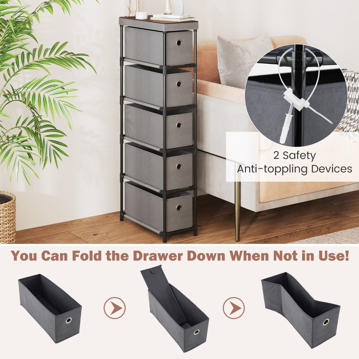 LIVSK Smalle Kledingorganizer - 5 Opvouwbare Lades - Stabiele Metalen Constructie - Ideaal voor Kleine Ruimtes - Grijs