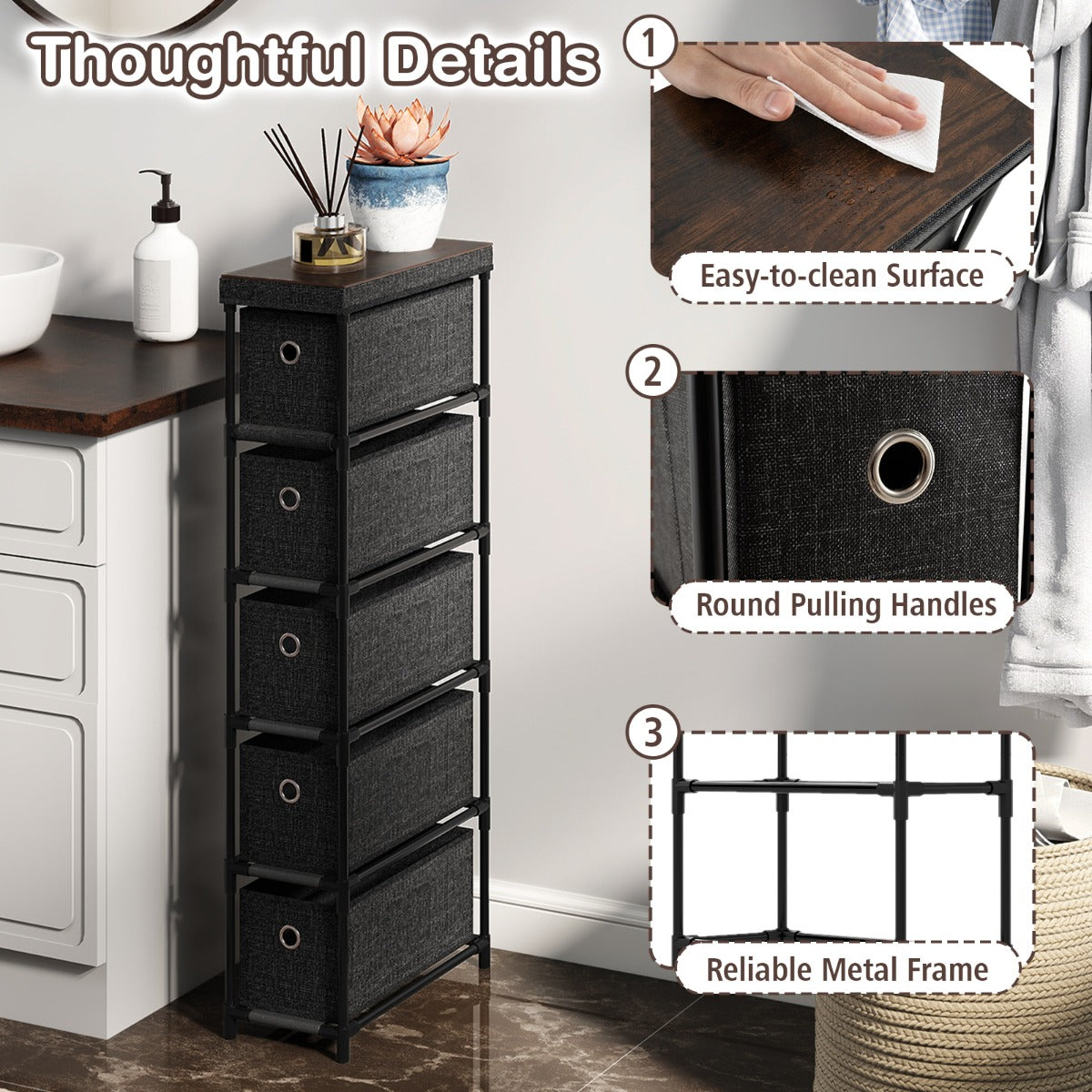Livsk costway smalle commode met 5 lades metalen frame houten blad opbergtoren kledingorganizer zwart 5 2