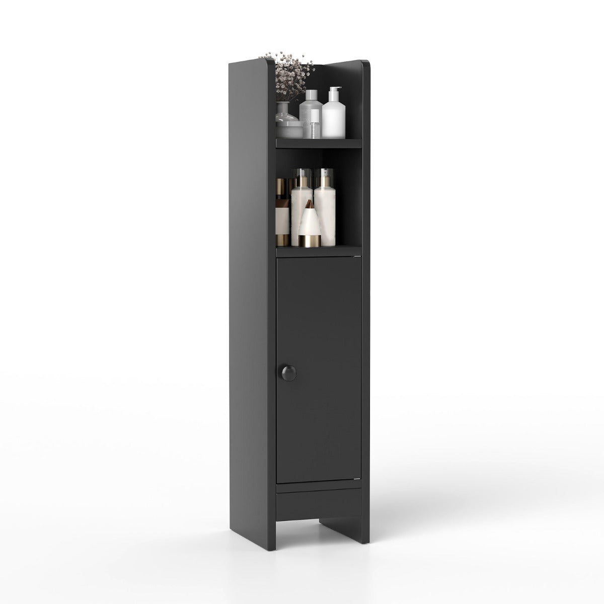 LIVSK Badkamerkast met 2 Open Vakken - Compact voor Smalle Ruimtes - Verstelbare Plank - Anti-kantelbescherming - Zwart