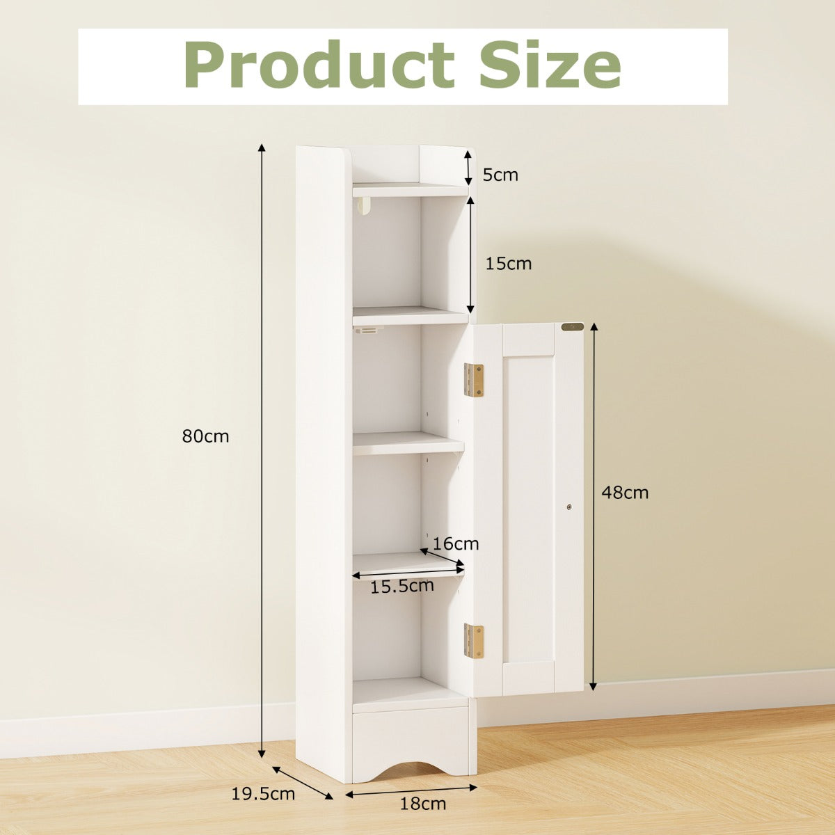 LIVSK Badkamerkast - Smalle Opbergoplossing met Verstelbare Planken - Veilig met Anti-kantel - 18 x 19,5 x 80 cm - Wit