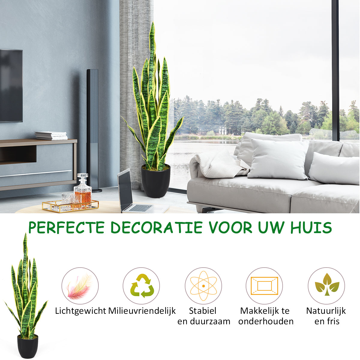 LIVSK Sansevieria Slangplant - Realistisch Uiterlijk - Milieuvriendelijk PEVA - Onderhoudsvrij - 90 cm - Groen + Geel