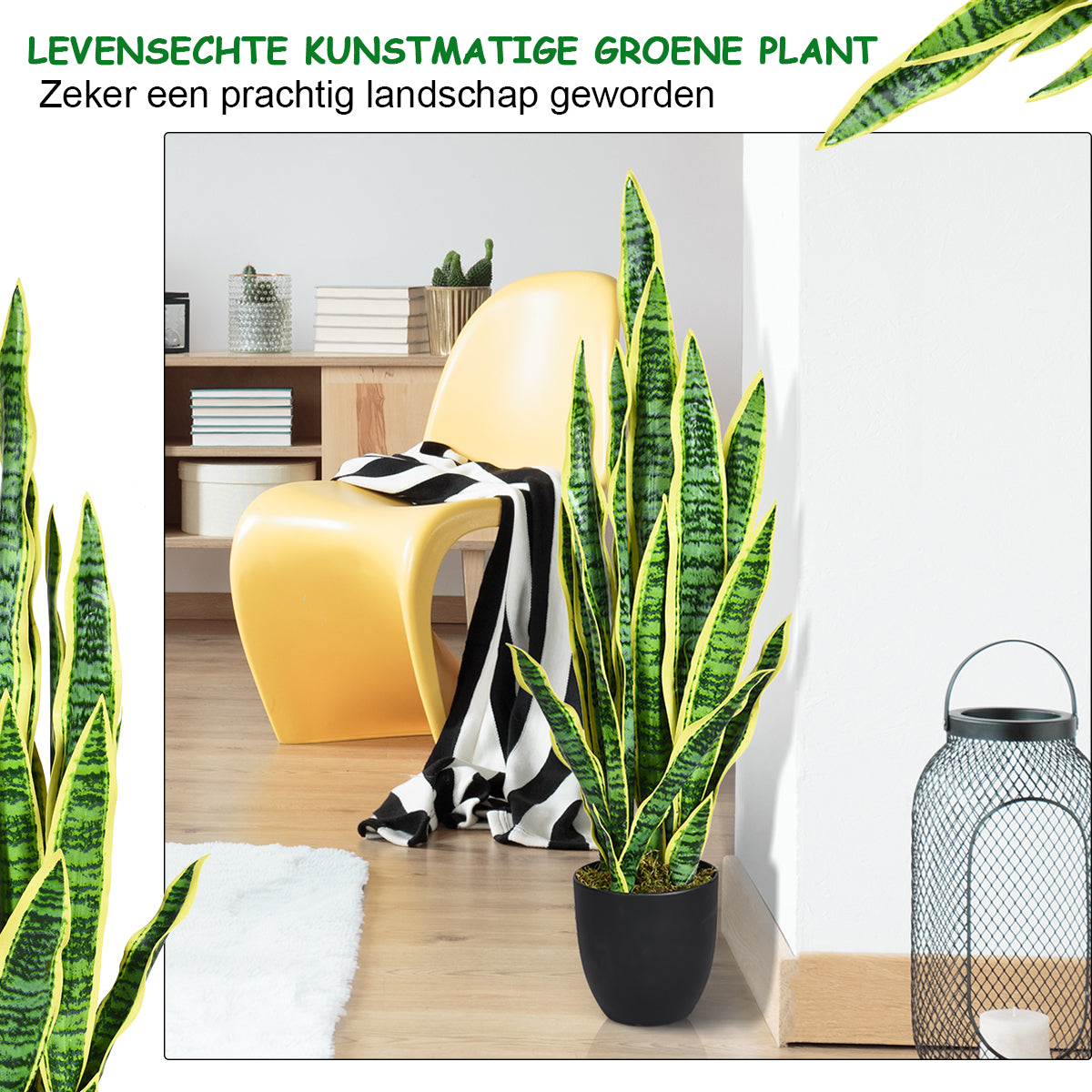 LIVSK Sansevieria Slangplant - Realistisch Uiterlijk - Milieuvriendelijk PEVA - Onderhoudsvrij - 90 cm - Groen + Geel