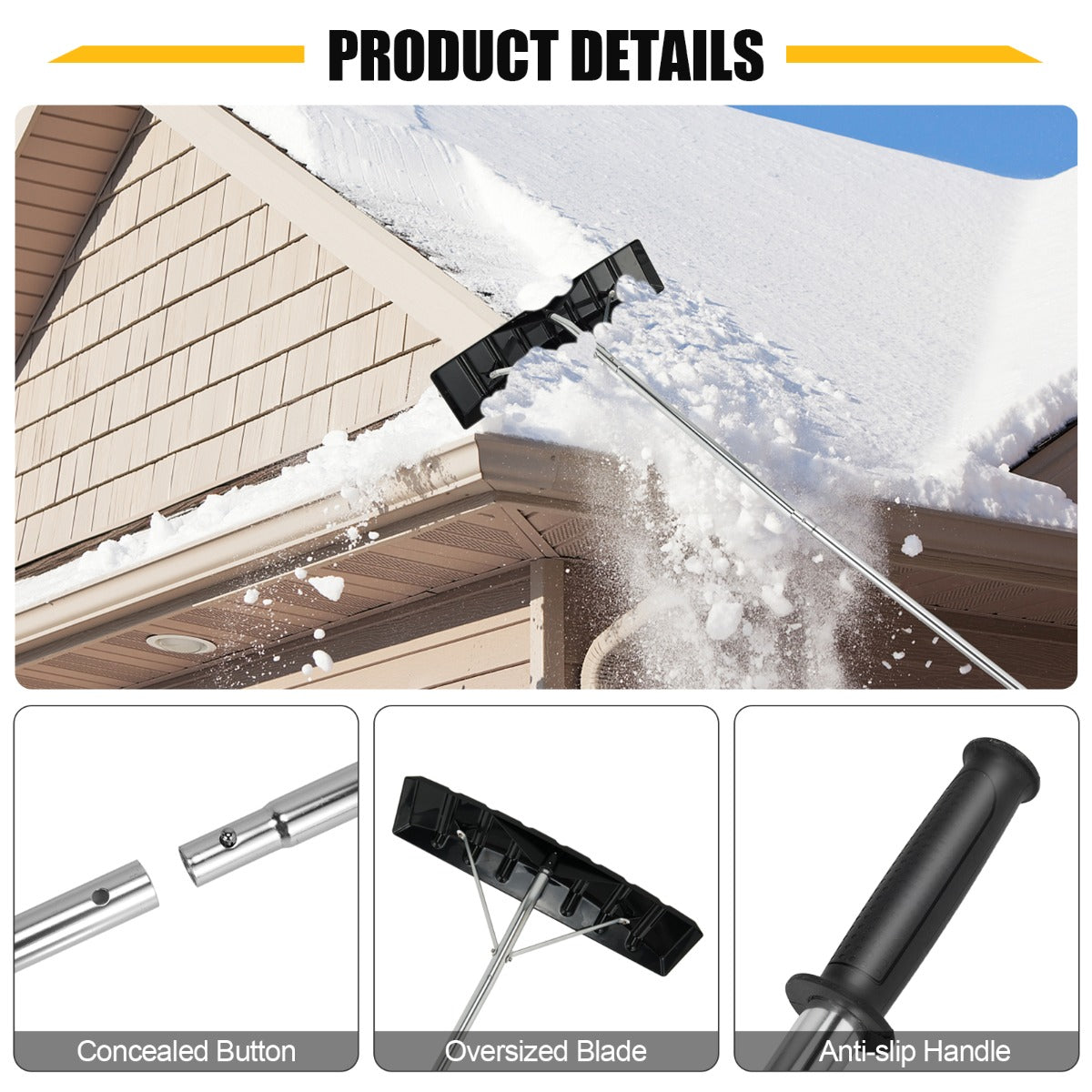 LIVSK Uitschuifbare Sneeuwdakhark - Lichtgewicht Aluminium - Instelbare Lengte 148-608 cm - Breed Blad 63 x 15,5 cm - Zwart +