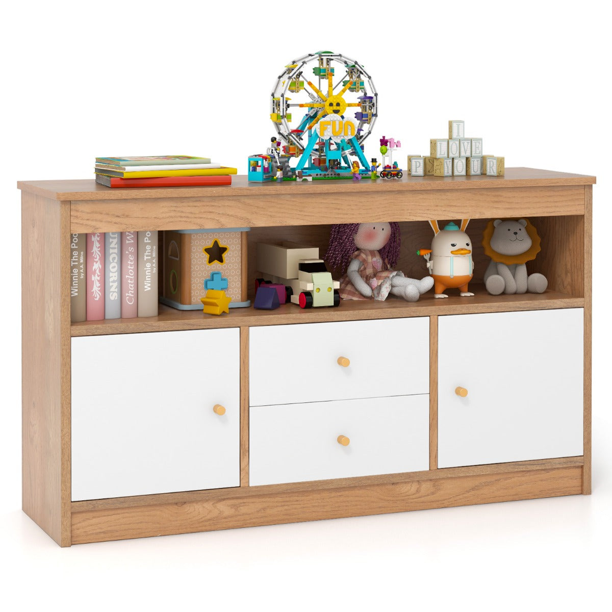LIVSK Opbergunit voor Kinderen - Met Open Vak, 2 Lades en 2 Kasten - Veilig en Functioneel - 106 x 30 x 62 cm - Wit/Natuurlijk