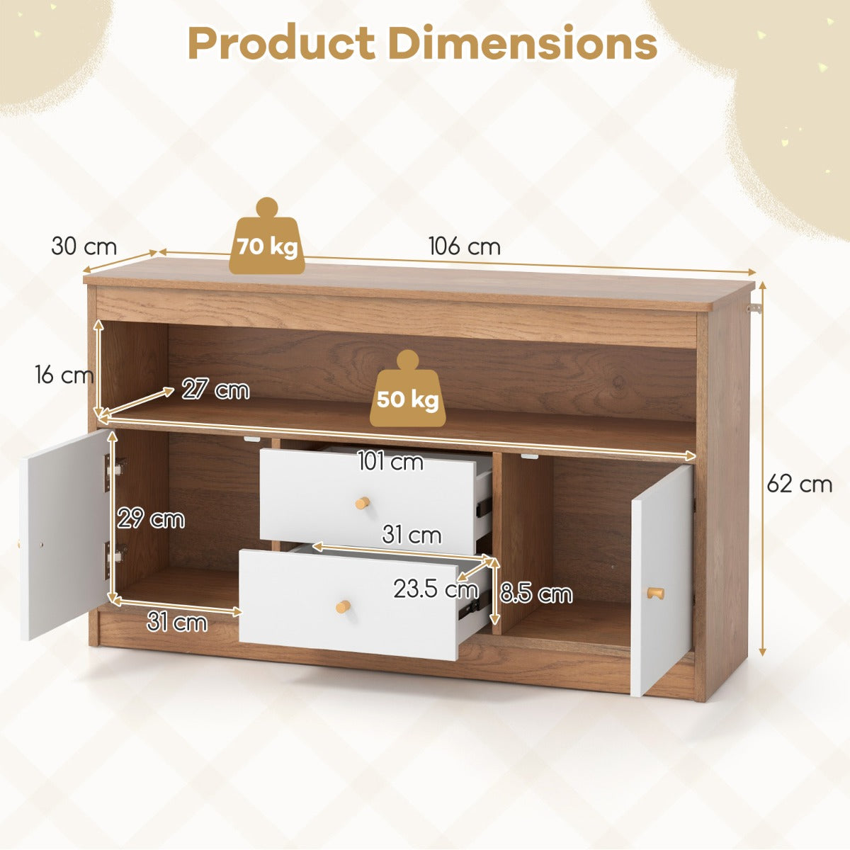 LIVSK Opbergunit voor Kinderen - Met Open Vak, 2 Lades en 2 Kasten - Veilig en Functioneel - 106 x 30 x 62 cm - Wit/Natuurlijk