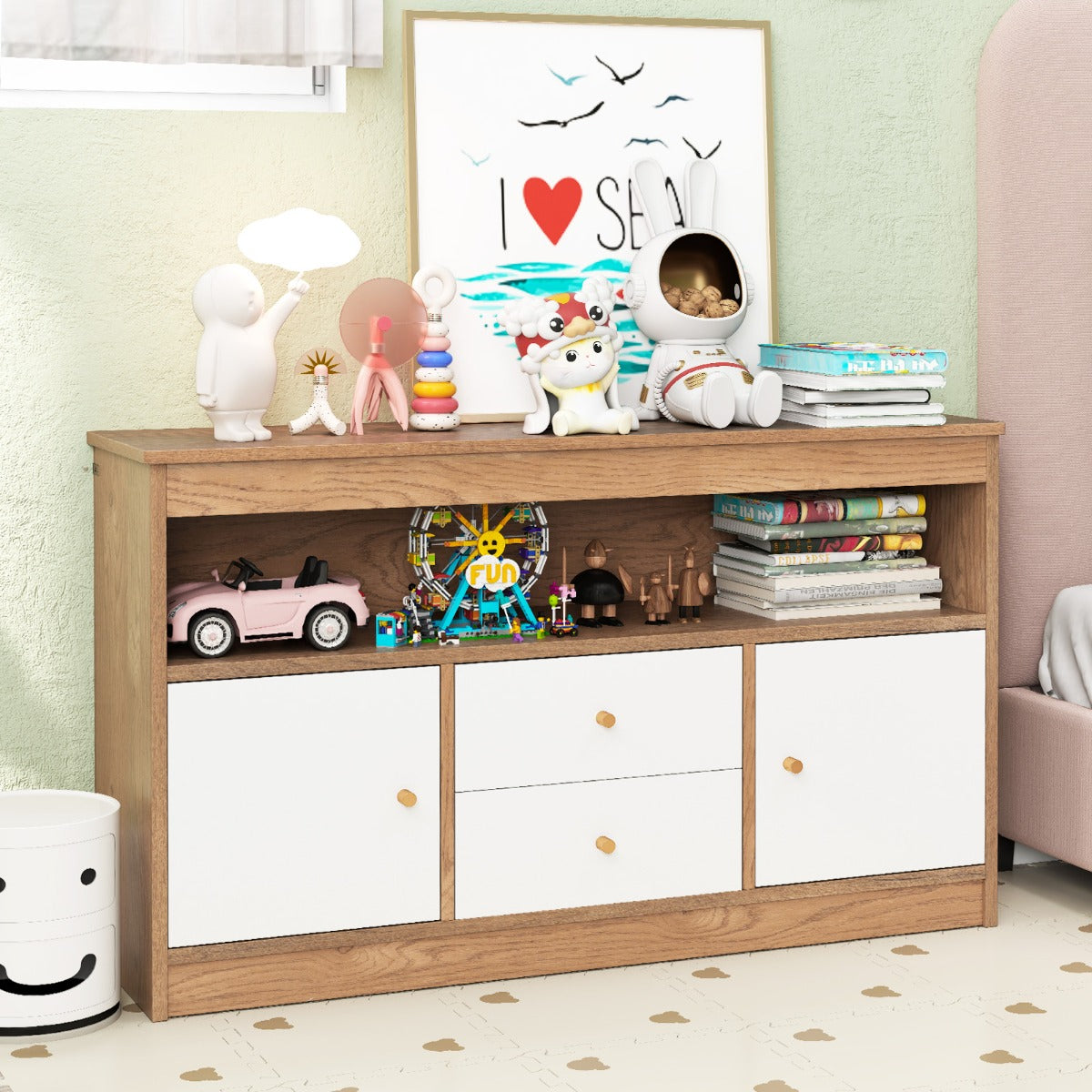 LIVSK Opbergunit voor Kinderen - Met Open Vak, 2 Lades en 2 Kasten - Veilig en Functioneel - 106 x 30 x 62 cm - Wit/Natuurlijk