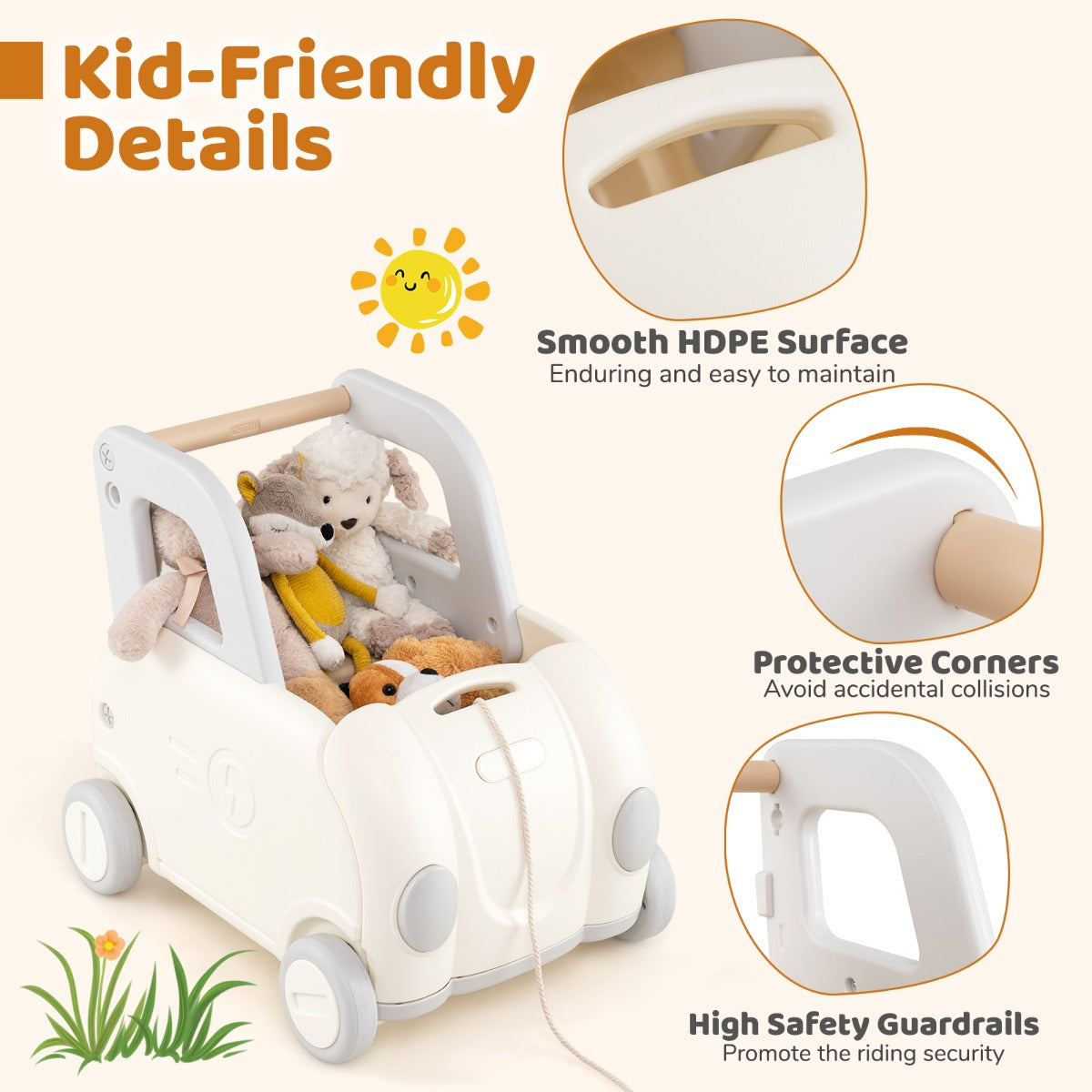LIVSK Kinderloopwagen - Opvouwbare Zitting - Trekkoord 70 cm - Veilig HDPE - Voor 18-36 maanden - Wit